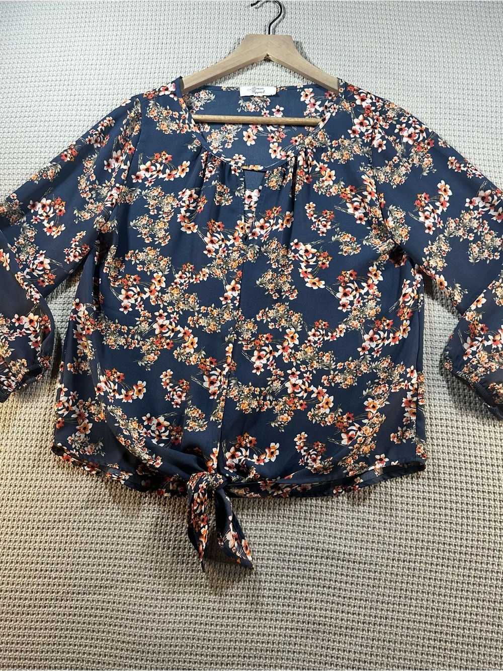 Floral Tie-Front Navy Blouse